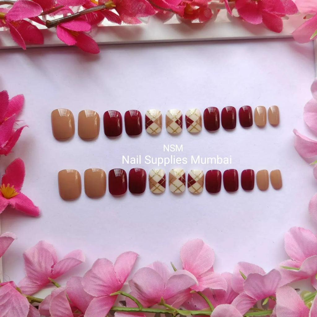 Nude And Red Abstract Press On Nails (Set Of 24 Pc)
