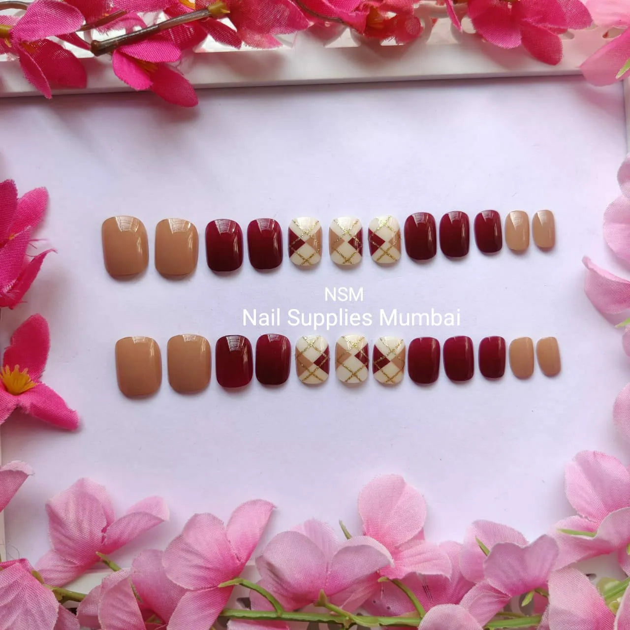 Nude And Red Abstract Press On Nails (Set Of 24 Pc)