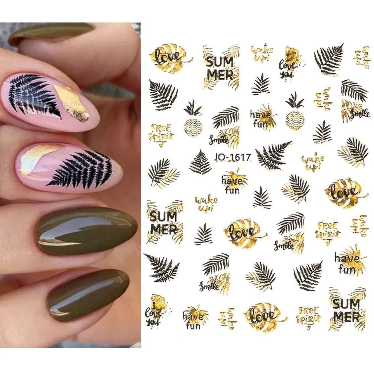 Black And Gold Holographic Sticker Sheets (Leaves And Fern JO-1617)