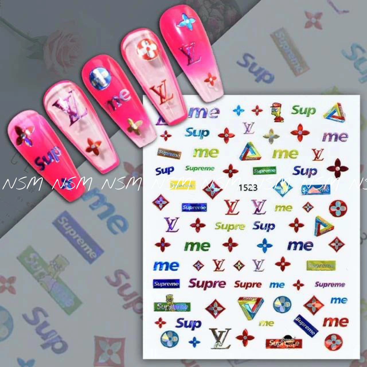 LV And Supreme Holographic Brand Nail Art Sticker Sheets (1523)