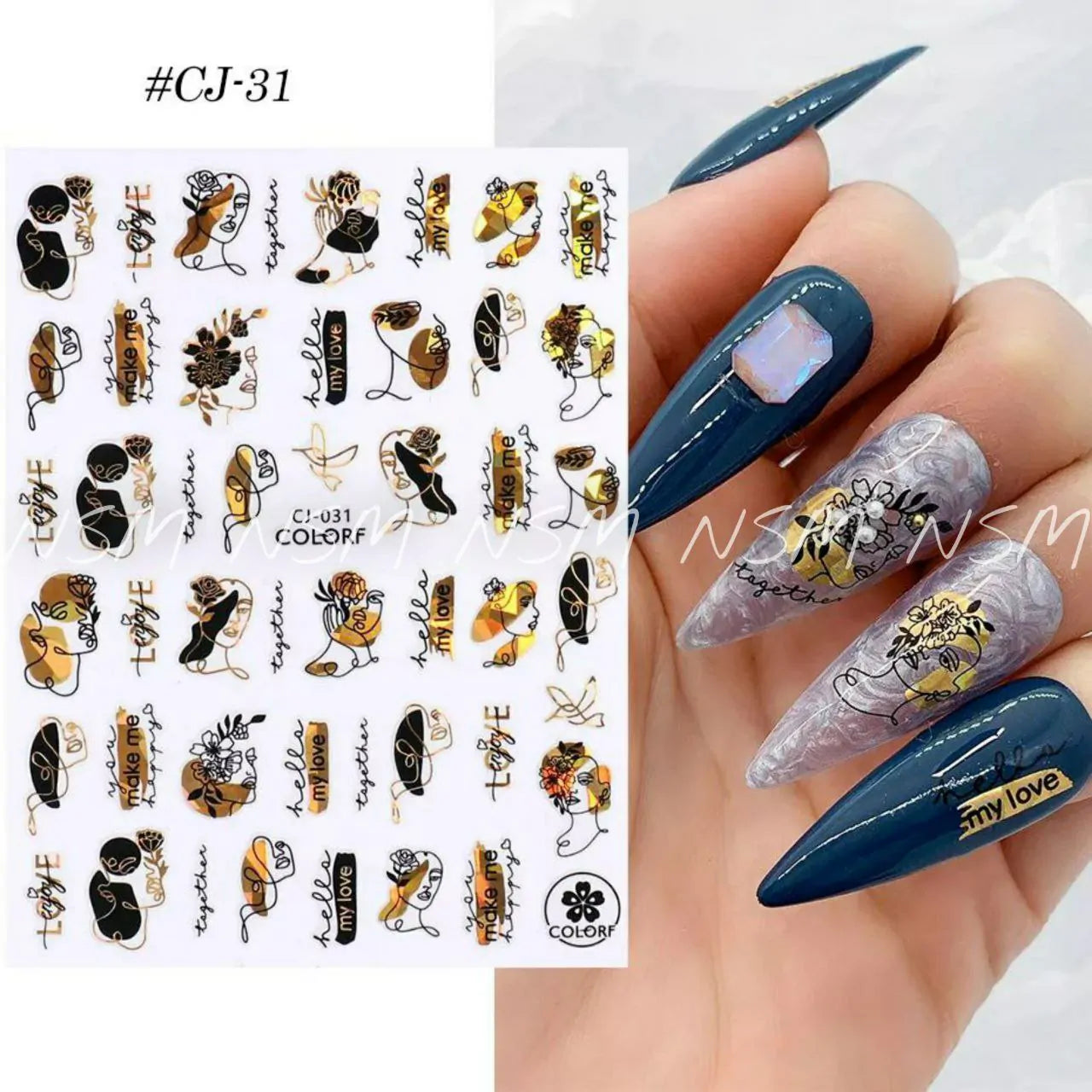 Lady And Abstract Print Black And Gold Laser Holographic Sticker Sheets (CJ-031)