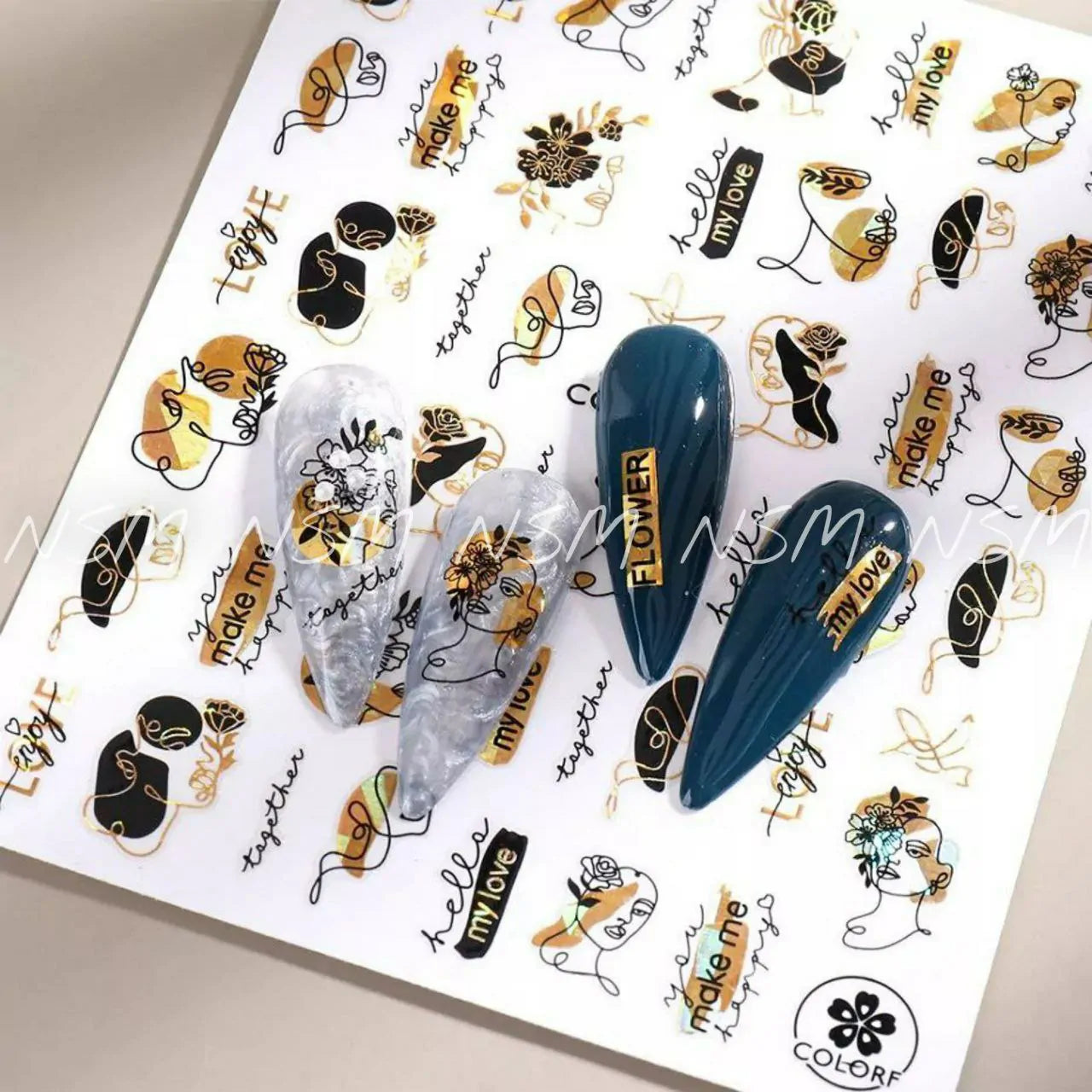 Lady And Abstract Print Black And Gold Laser Holographic Sticker Sheets (CJ-031)