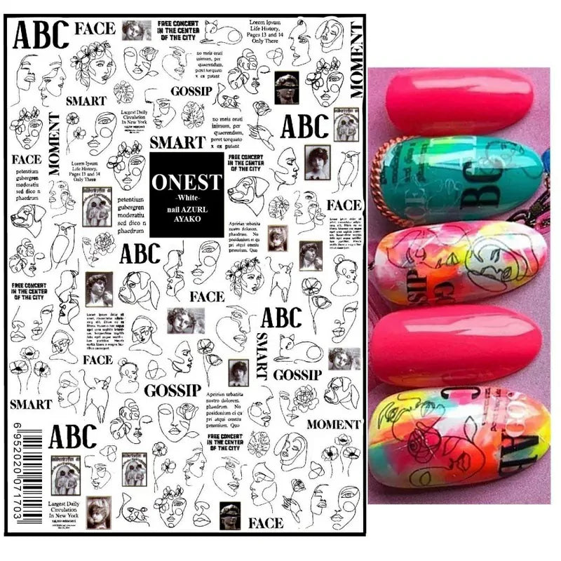 Lady Face Abstract And Text Nail Art Sticker Sheet (Black)