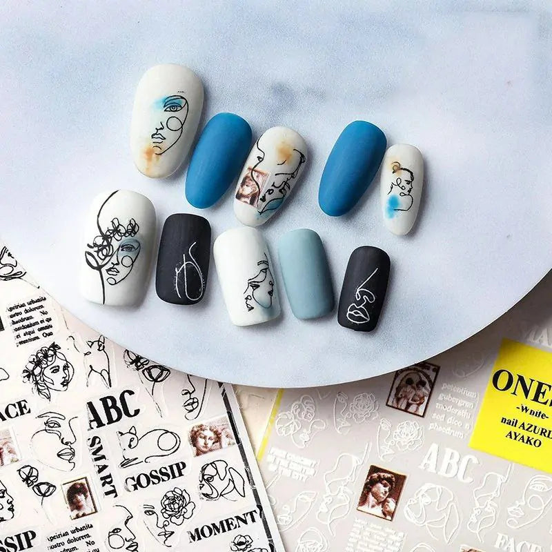 Lady Face Abstract And Text Nail Art Sticker Sheet (Black)