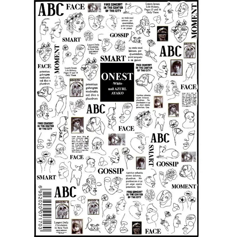 Lady Face Abstract And Text Nail Art Sticker Sheet (Black)