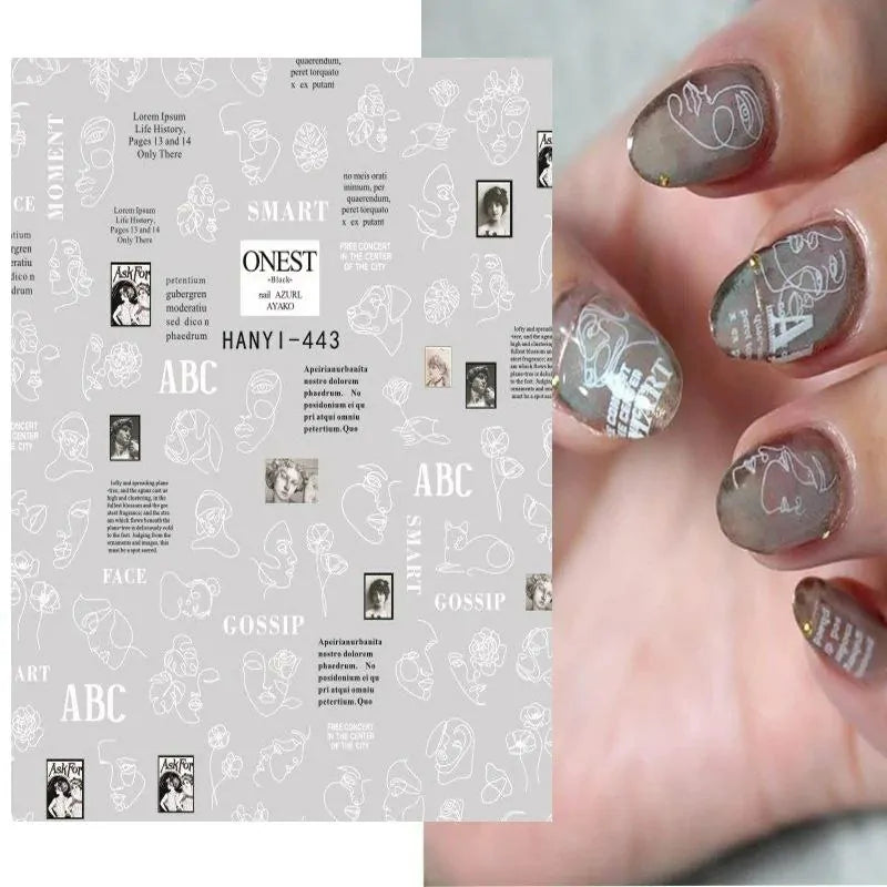 Lady Face Abstract And Text Nail Art Sticker Sheet (White)