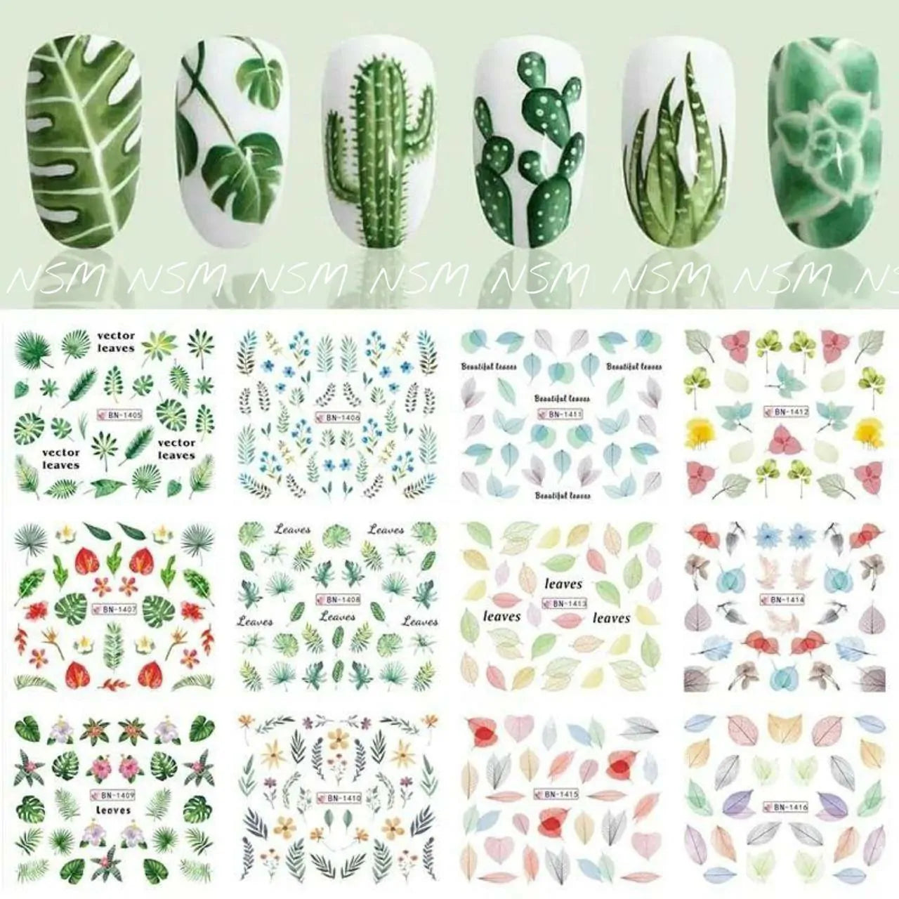 Multi Print Leaves And Ferns Water Decal Sticker Sheets (Design no. 1416)