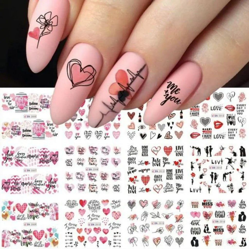Love Hearts And Text Nail Art Water Decal Sticker Sheet BN-2016 (12 Prints)