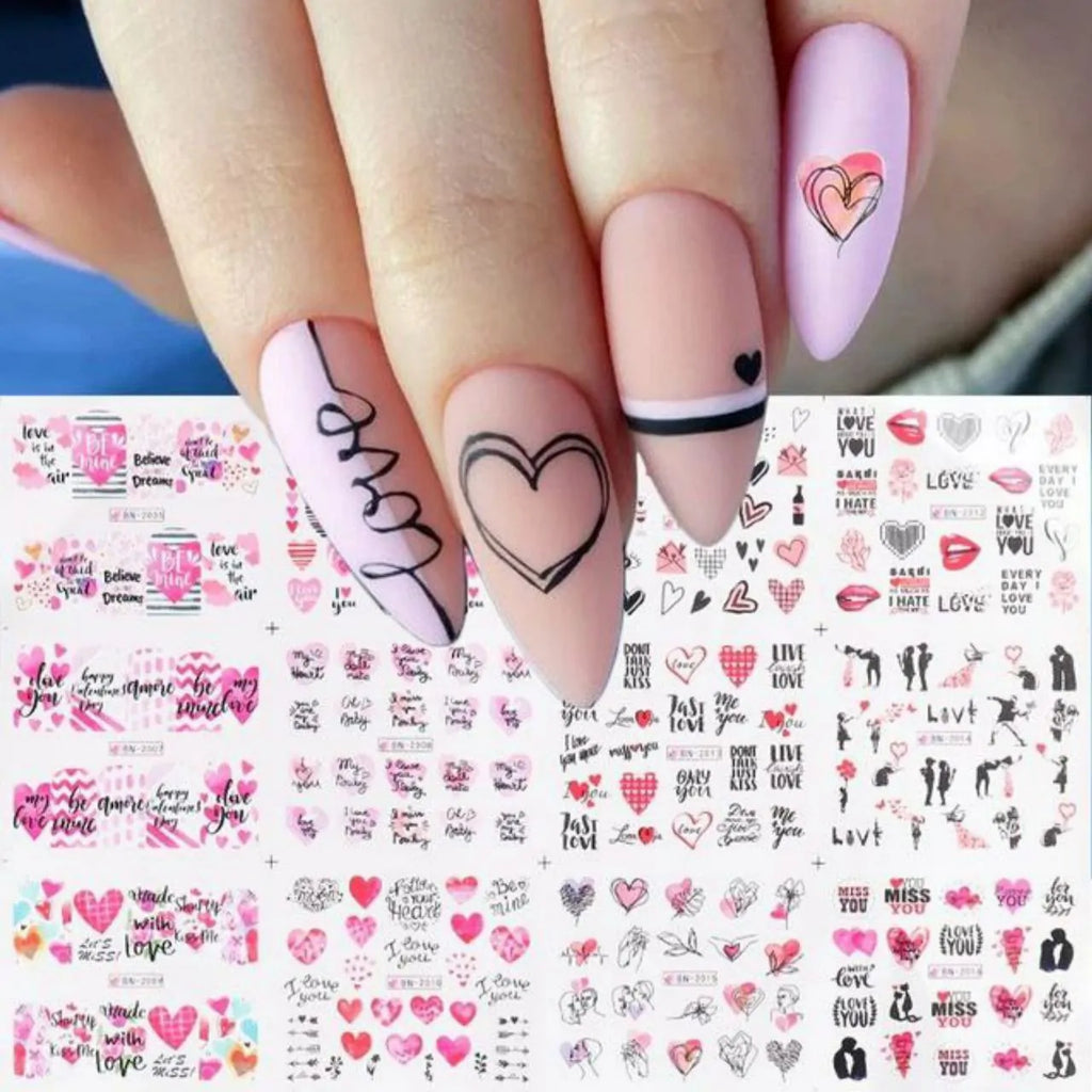 Love Hearts And Text Nail Art Water Decal Sticker Sheet BN-2016 (12 Prints)