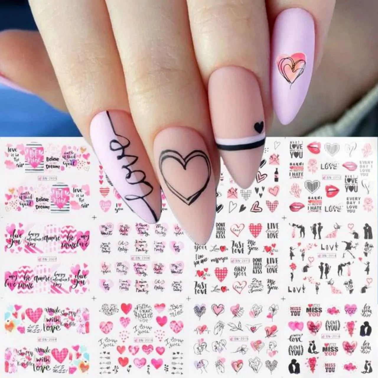 Love Hearts And Text Nail Art Water Decal Sticker Sheet BN-2016 (12 Prints)
