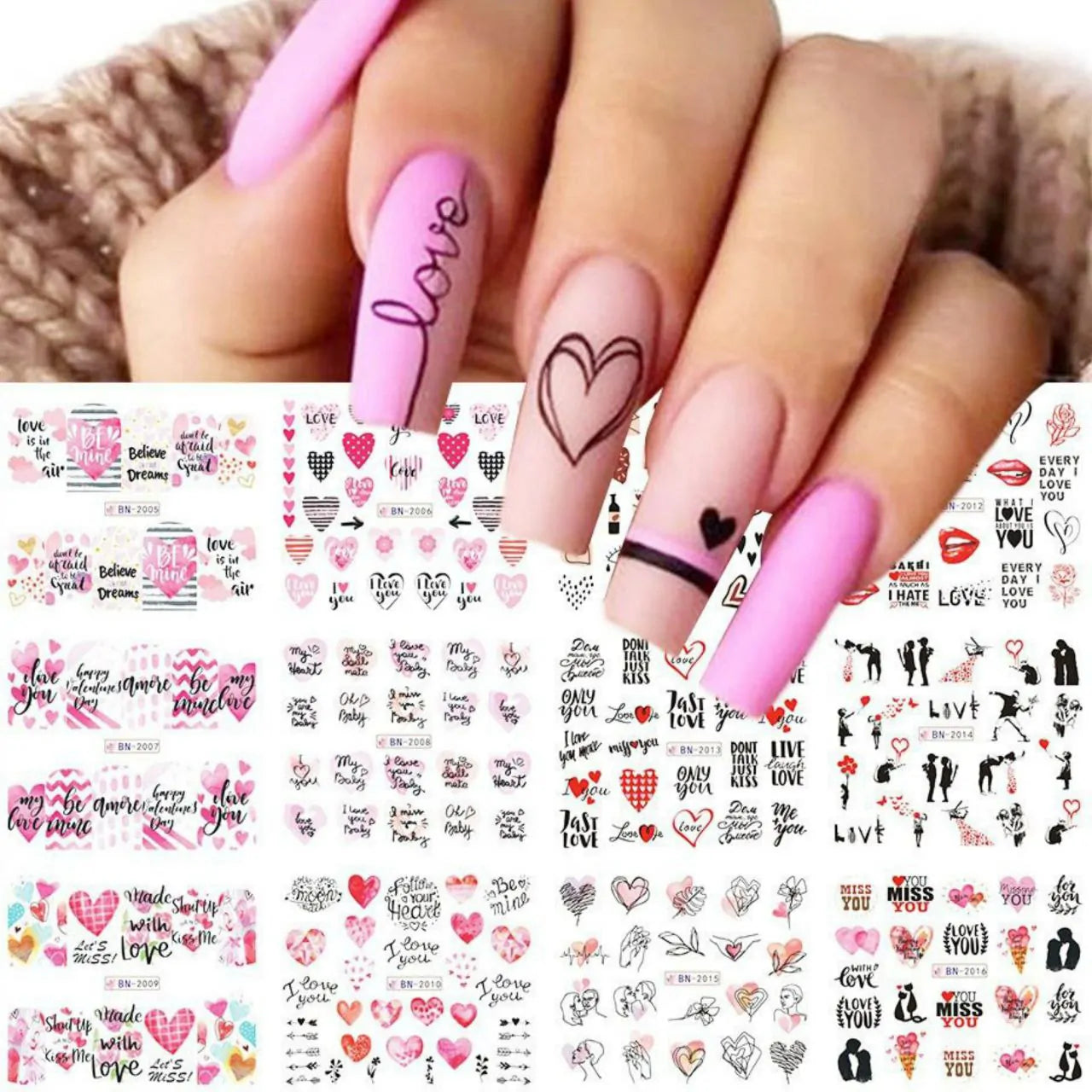 Love Hearts And Text Nail Art Water Decal Sticker Sheet BN-2016 (12 Prints)