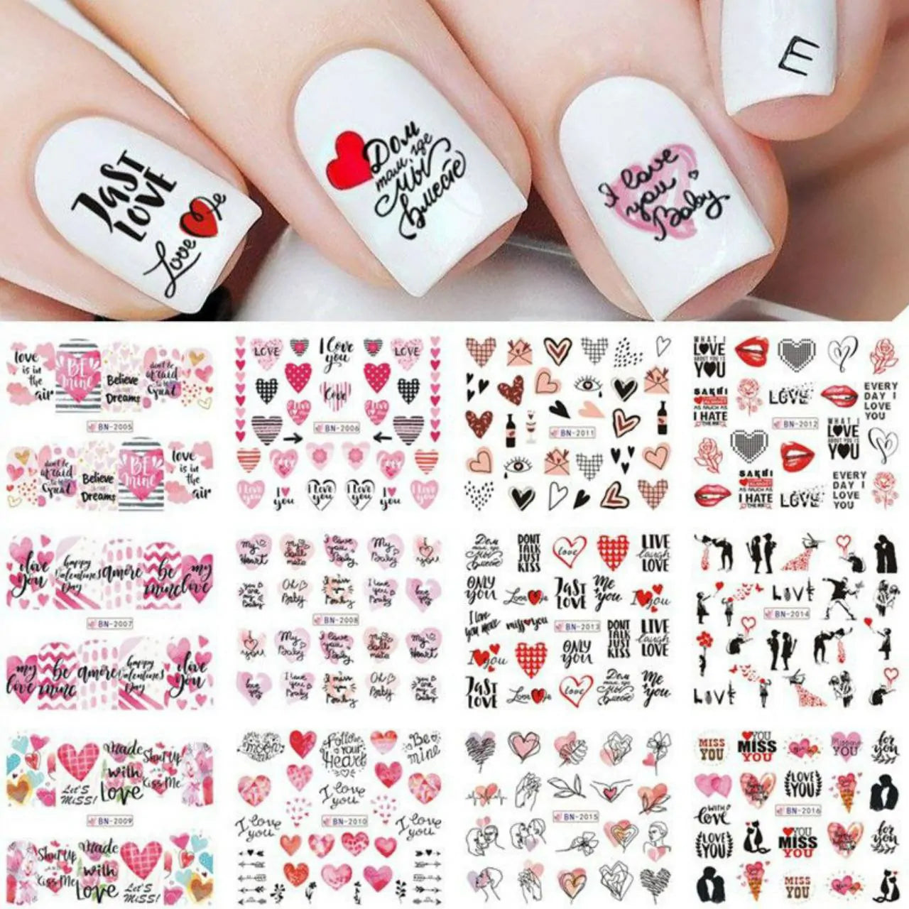 Love Hearts And Text Nail Art Water Decal Sticker Sheet BN-2016 (12 Prints)