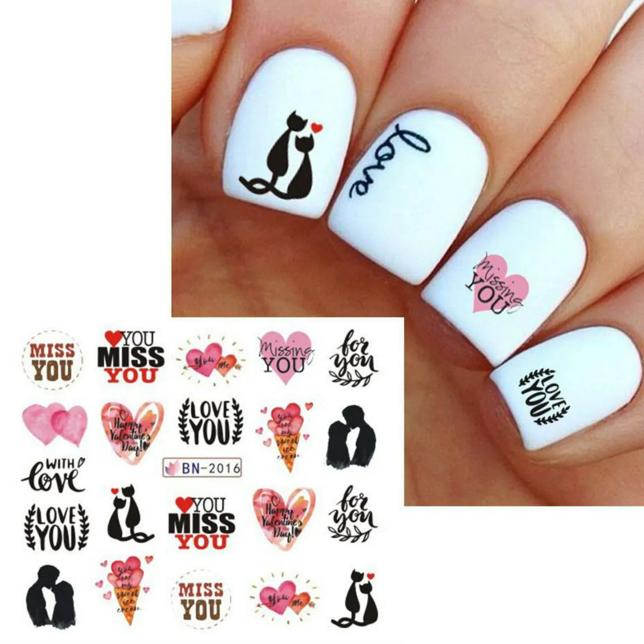 Love Hearts And Text Nail Art Water Decal Sticker Sheet BN-2016 (12 Prints)