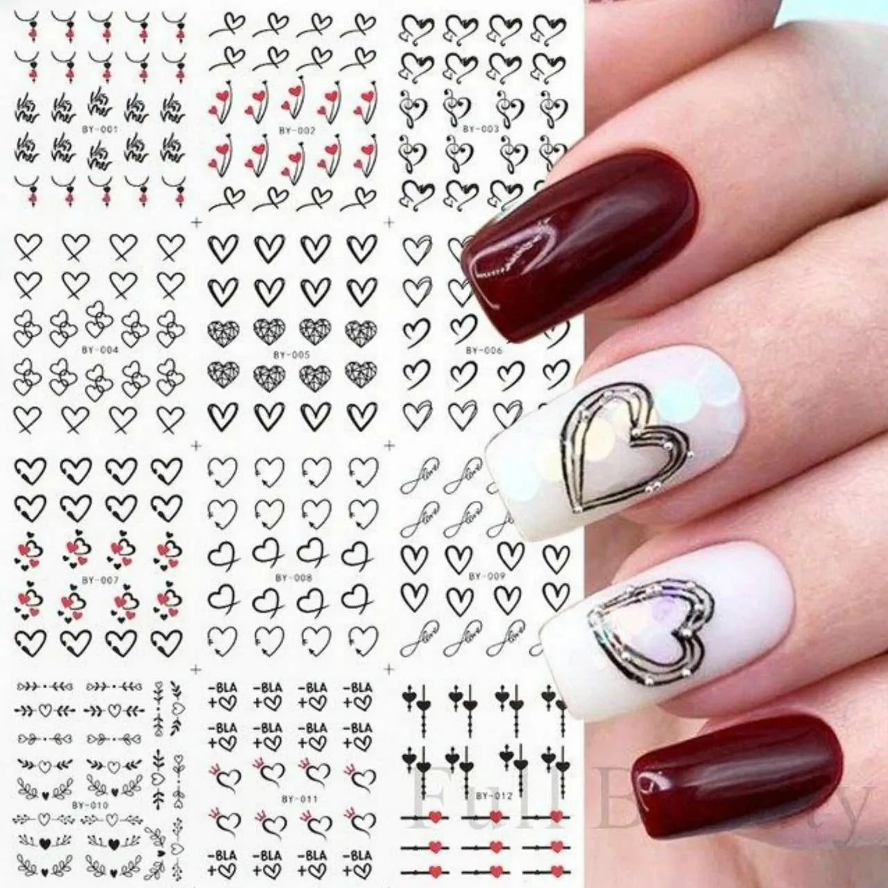Love Hearts Nail Art Water Decal Sticker Sheet (BY-012) (12 Prints)