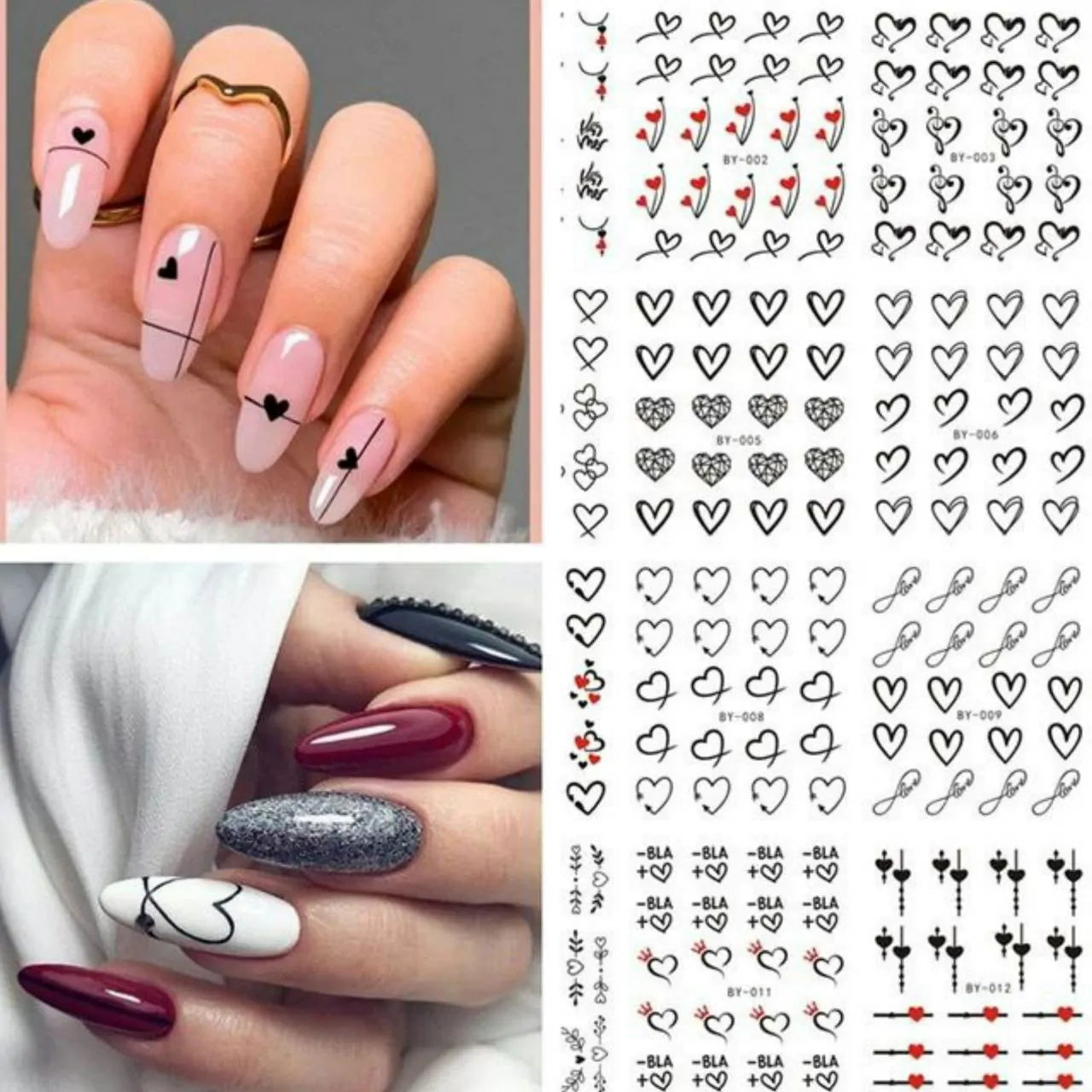 Love Hearts Nail Art Water Decal Sticker Sheet (BY-012) (12 Prints)