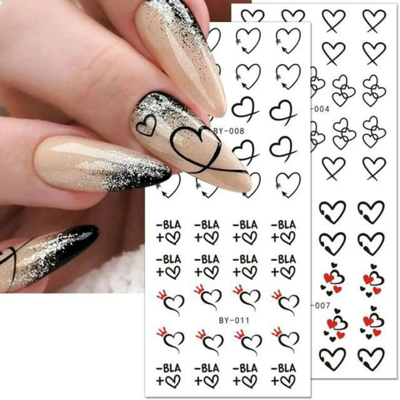 Love Hearts Nail Art Water Decal Sticker Sheet (BY-012) (12 Prints)