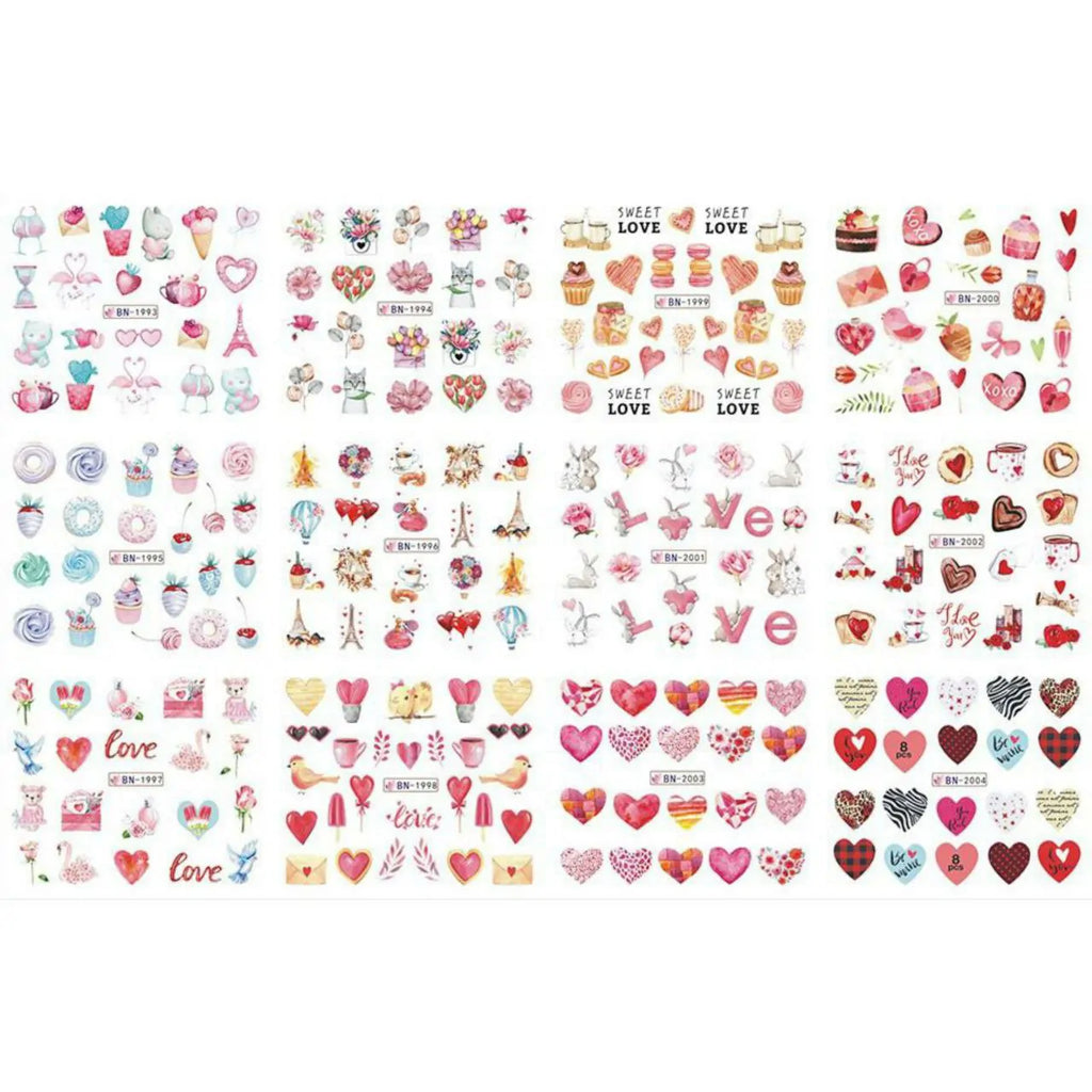 Love Hearts Nail Art Water Decal Sticker Sheet BN-2004 (12 Prints)