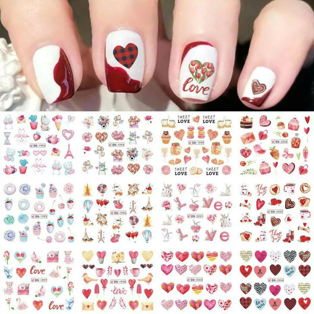 Love Hearts Nail Art Water Decal Sticker Sheet BN-2004 (12 Prints)