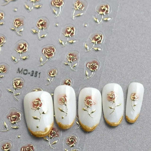 3D Rose Nail Stickers With Gold Accents (MO-351)