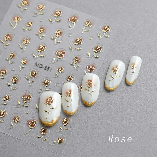 3D Rose Nail Stickers With Gold Accents (MO-351)