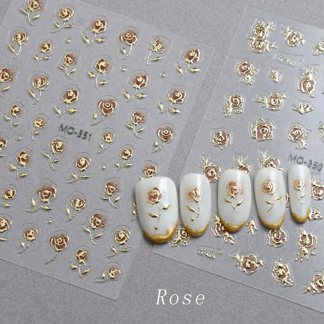 3D Rose Nail Stickers With Gold Accents (MO-351)