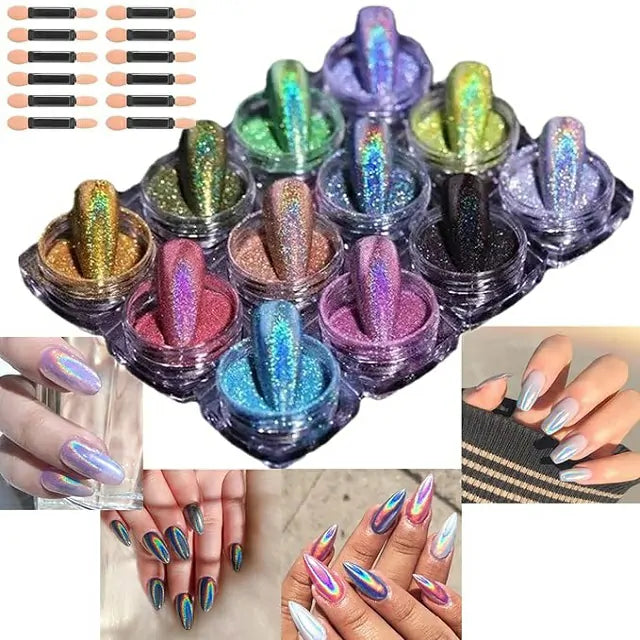 Magic Laser Holographic Nail Glitter Powder (Set Of 12 Colors)