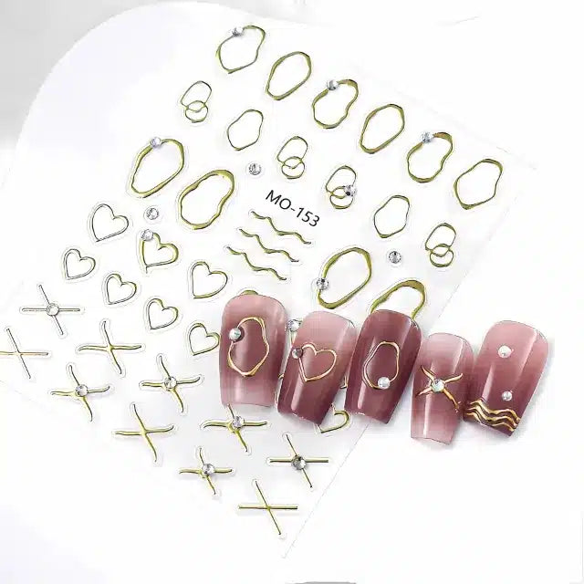 Metallic Gold Chrome Heart And Abstract Lines 5D Nail Stickers (MO-153)