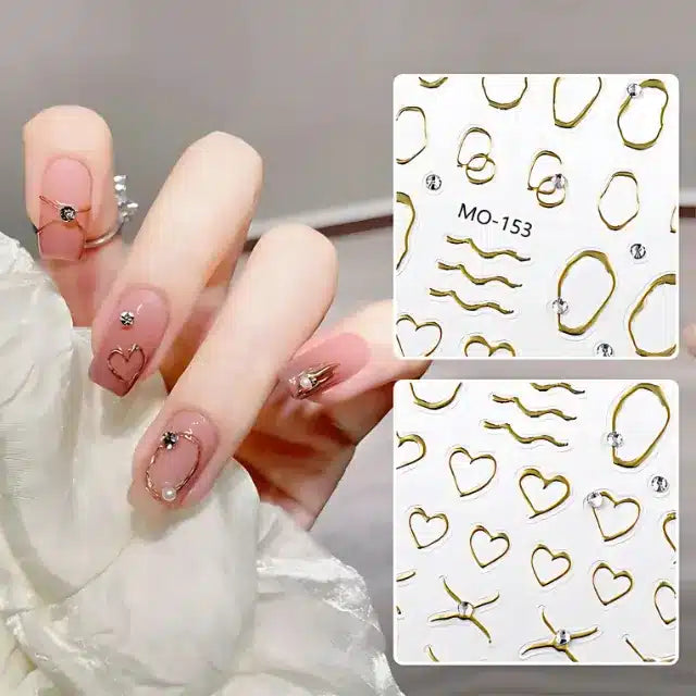 Metallic Gold Chrome Heart And Abstract Lines 5D Nail Stickers (MO-153)