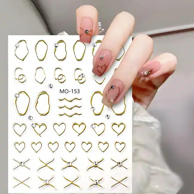 Metallic Gold Chrome Heart And Abstract Lines 5D Nail Stickers (MO-153)