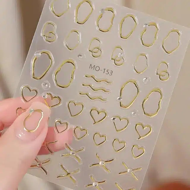 Metallic Gold Chrome Heart And Abstract Lines 5D Nail Stickers (MO-153)