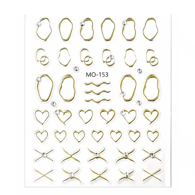 Metallic Gold Chrome Heart And Abstract Lines 5D Nail Stickers (MO-153)