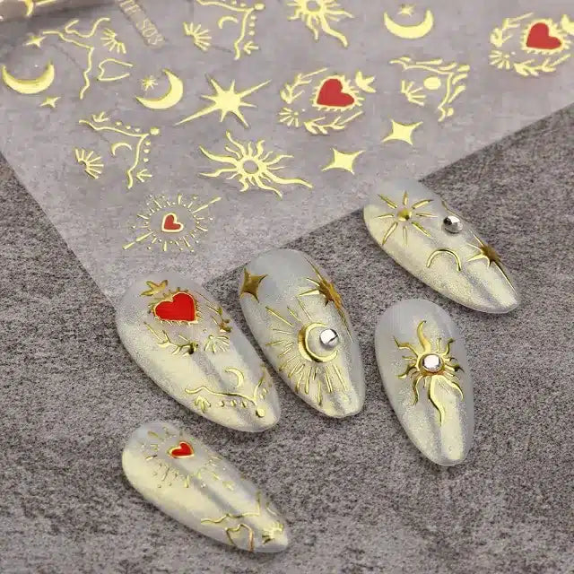 Metallic Gold Star Moon and Hearts Nail Art Stickers Sheet