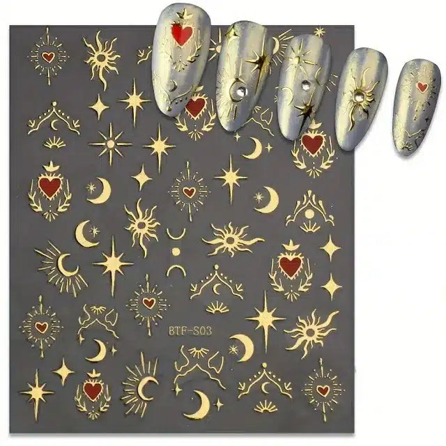 Metallic Gold Star Moon and Hearts Nail Art Stickers Sheet