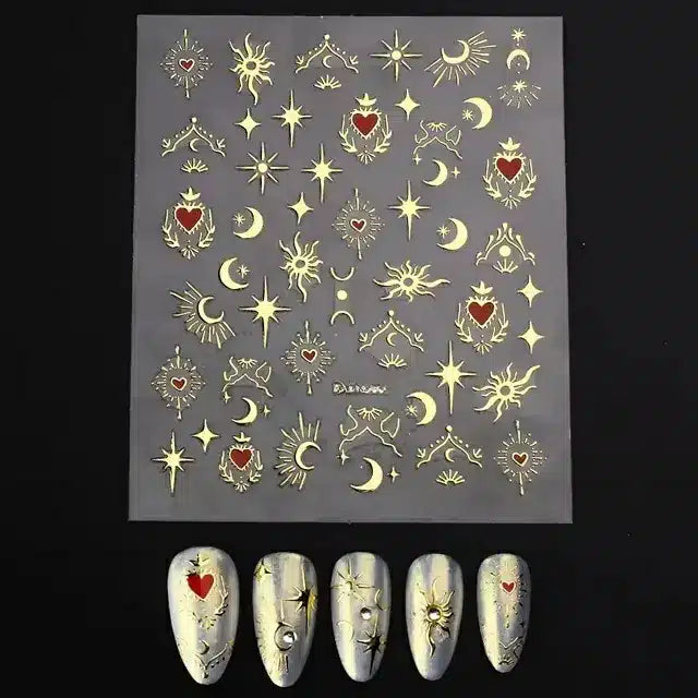 Metallic Gold Star Moon and Hearts Nail Art Stickers Sheet