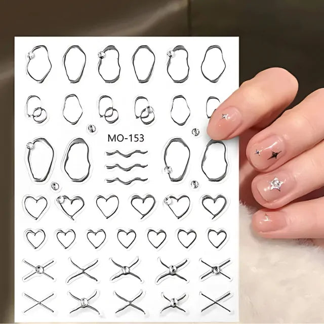 Metallic Silver Chrome Heart And Abstract Lines 5D Nail Stickers (MO-153)