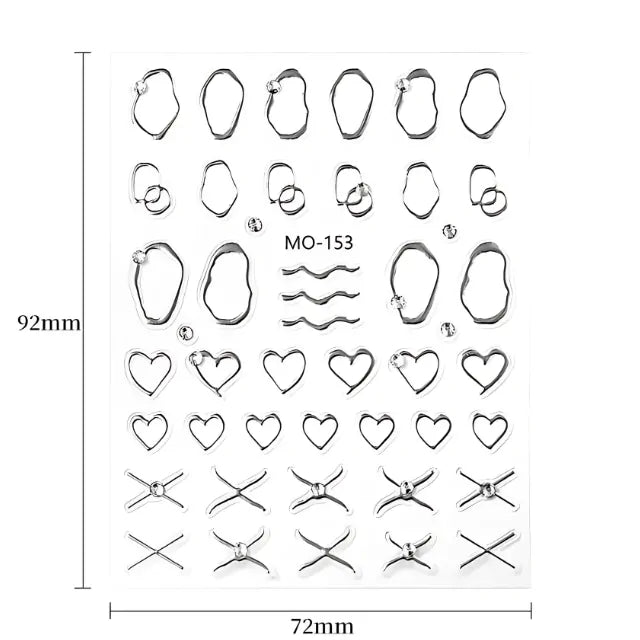 Metallic Silver Chrome Heart And Abstract Lines 5D Nail Stickers (MO-153)