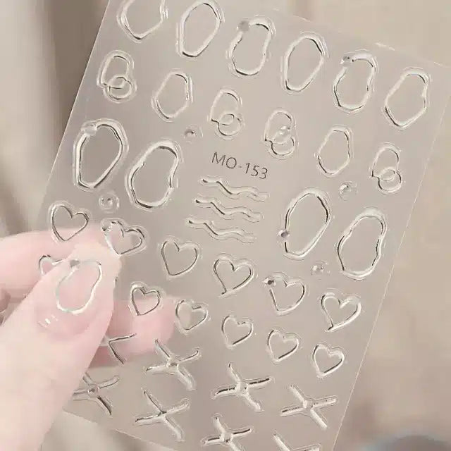 Metallic Silver Chrome Heart And Abstract Lines 5D Nail Stickers (MO-153)