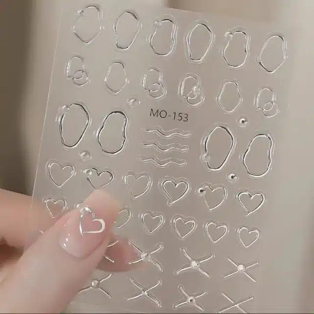 Metallic Silver Chrome Heart And Abstract Lines 5D Nail Stickers (MO-153)