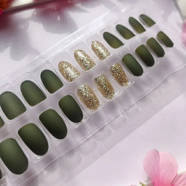 Oval Matte Olive Green Press On Nails (Set Of 24)