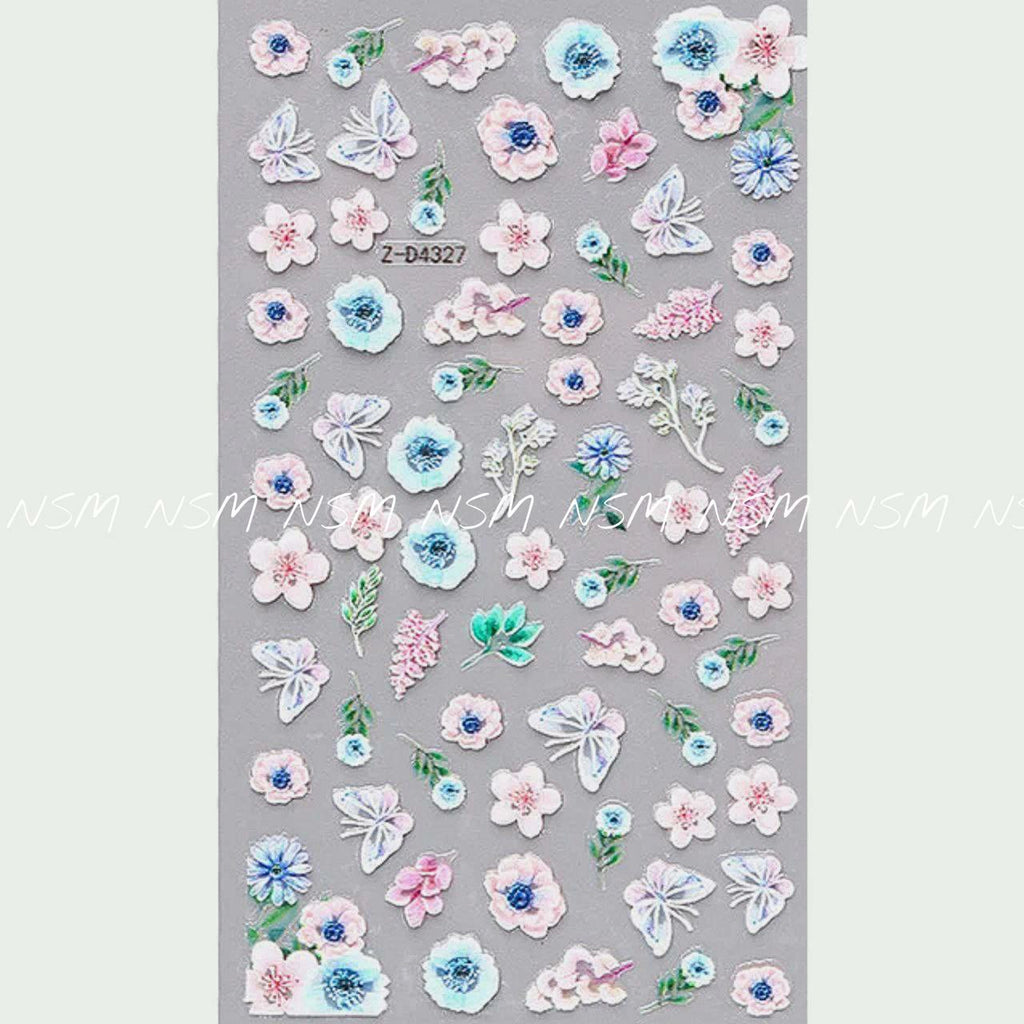 Pastel Flowers And Leaves Embossed 5D Nail Art Sticker Sheets (Z-D4327)