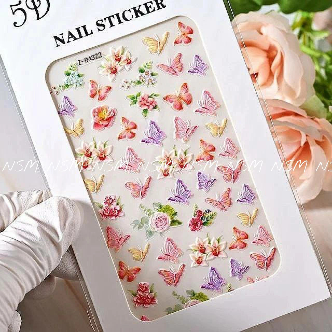 Pastel Flowers and Butterfly Embossed 5D Nail Art Sticker Sheets (Z-D4322)