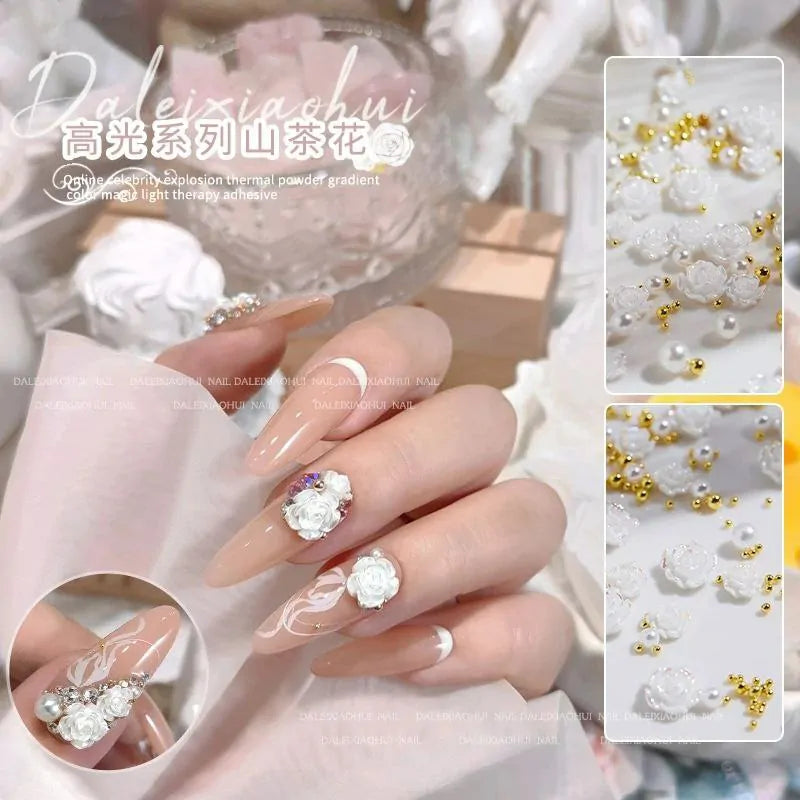 Pearl White Camellia Flower Charms With Pearls And Gold Caviar Beads