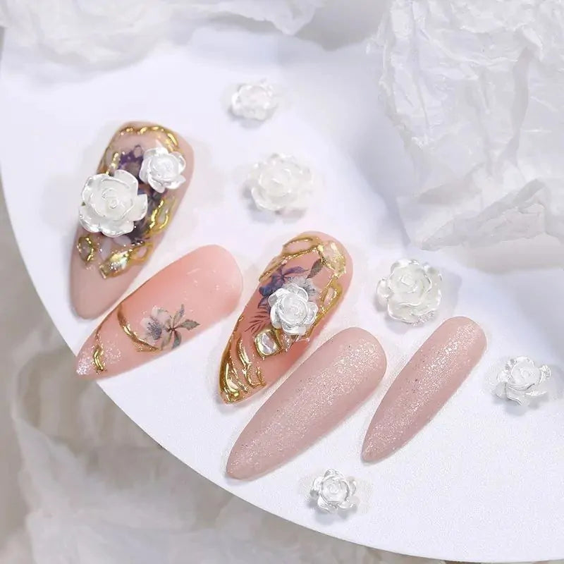 Pearl White Camellia Flower Charms With Pearls And Gold Caviar Beads