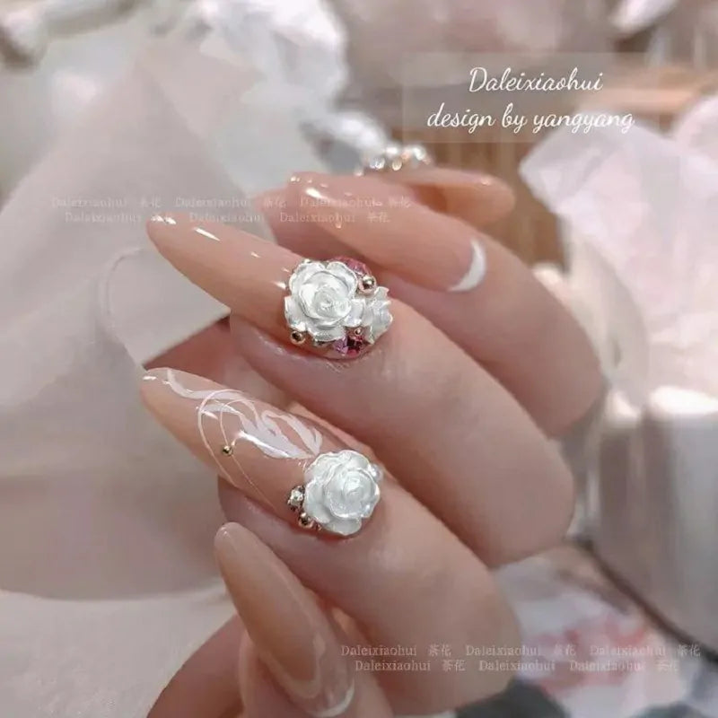 Pearl White Camellia Flower Charms With Pearls And Gold Caviar Beads