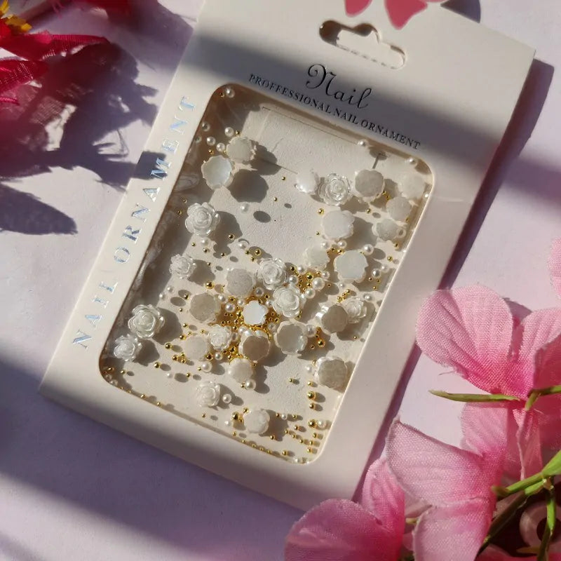 Pearl White Camellia Flower Charms With Pearls And Gold Caviar Beads