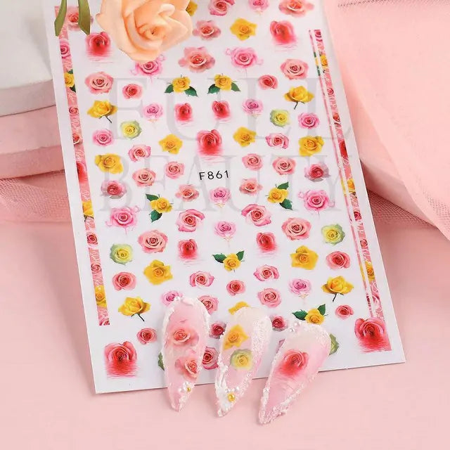 Pink And Yellow Rose Nail Stickers Sheet (F861)