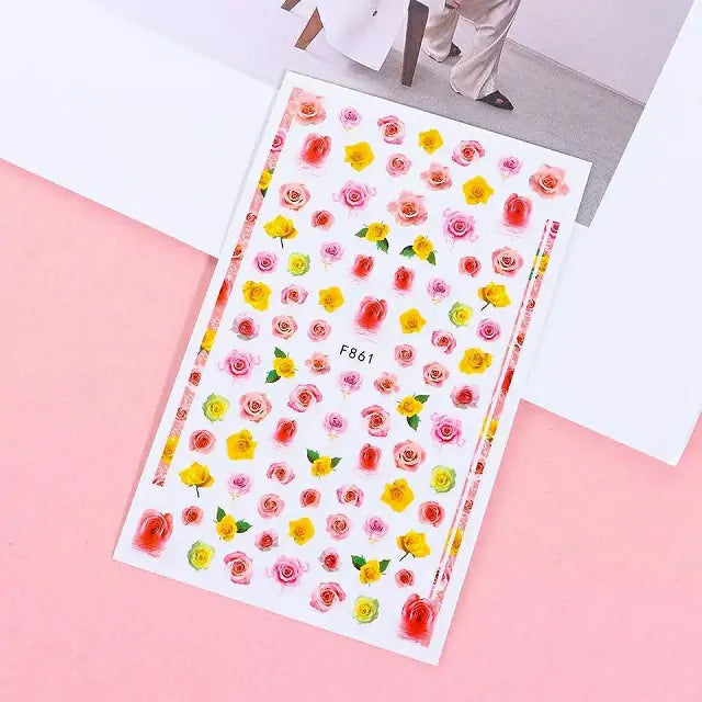 Pink And Yellow Rose Nail Stickers Sheet (F861)