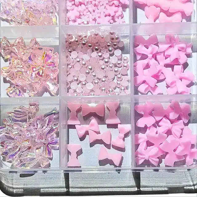 Pink Bows Pearls And Charms Nail Art Accessories Box