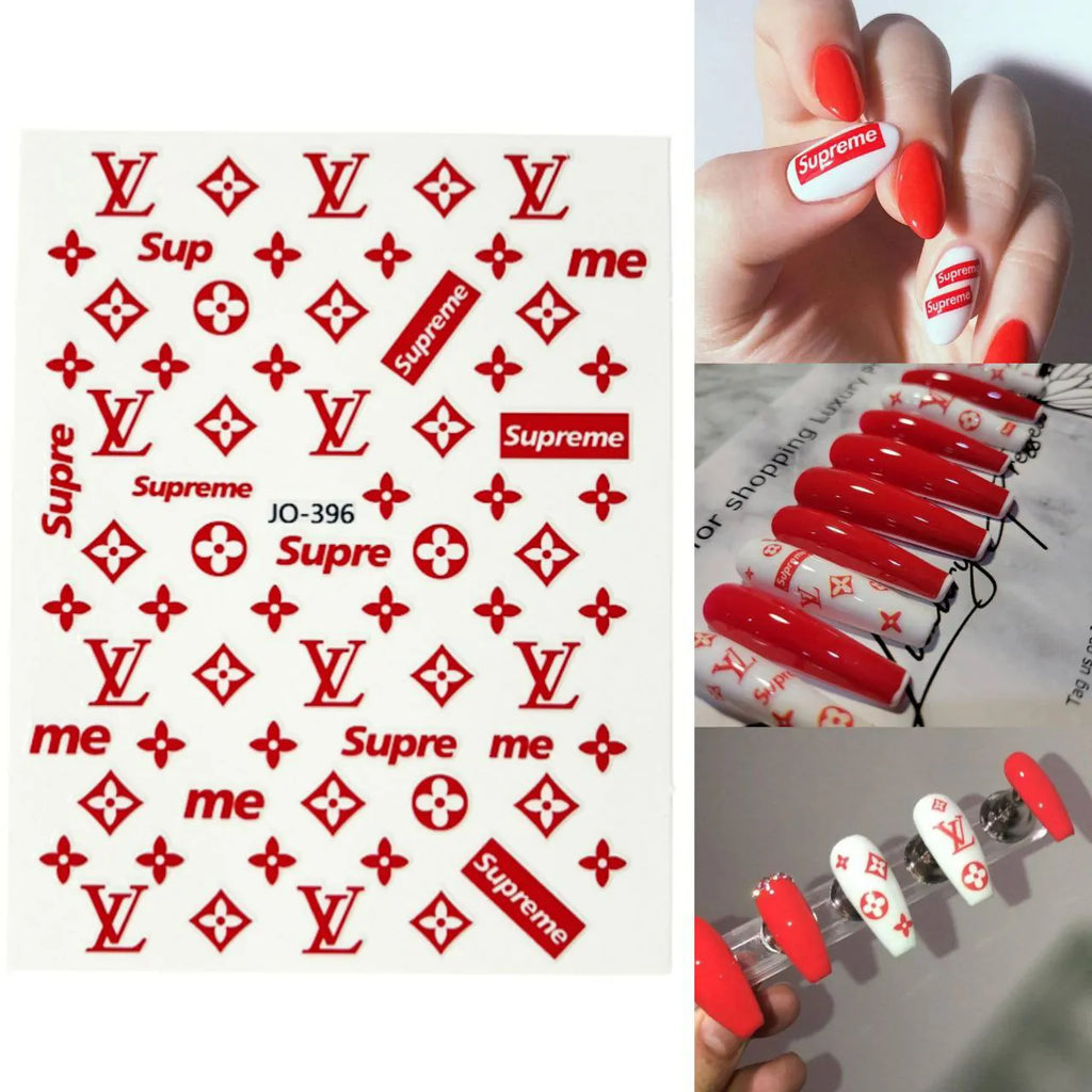 Red LV And Supreme Brand Nail Art Sticker Sheets (JO-396)