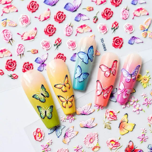 Rose And Butterfly Embossed 5D Nail Art Sticker Sheets (Z-D4325)